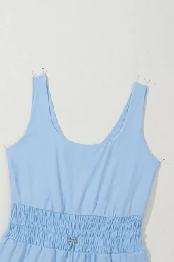 Clearance Dear-Lover Plain Sleeveless Loop Drawstring Cinched Waist Romper Myosotis