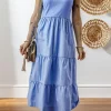 Clearance Dear-Lover Ribbed Vest Patchwork Tiered Midi Dress with Pockets Myosotis