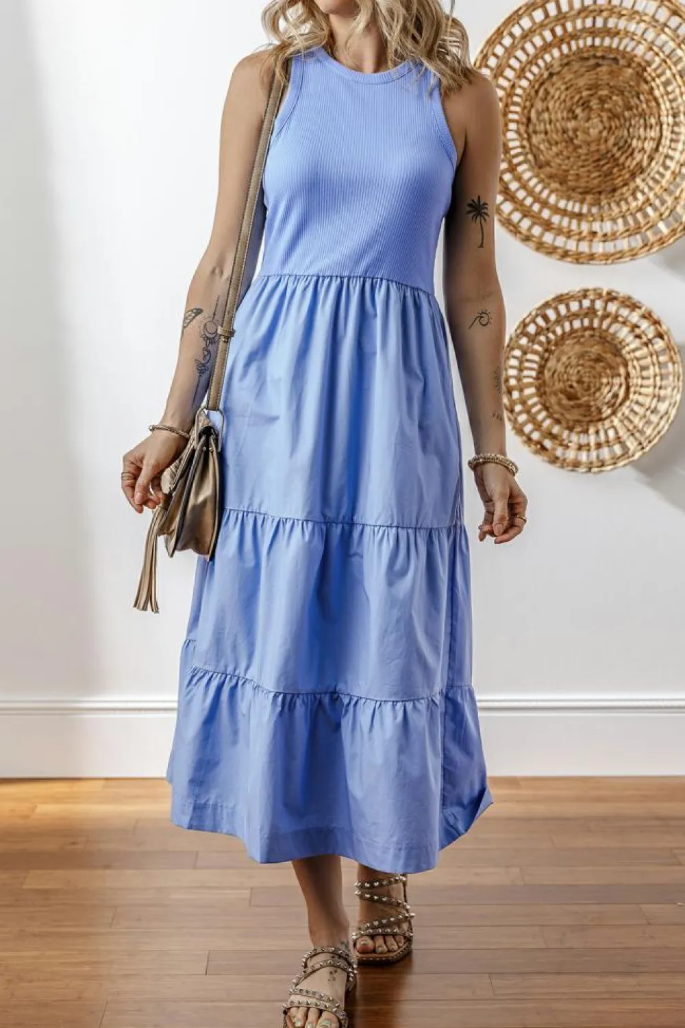 Clearance Dear-Lover Ribbed Vest Patchwork Tiered Midi Dress with Pockets Myosotis