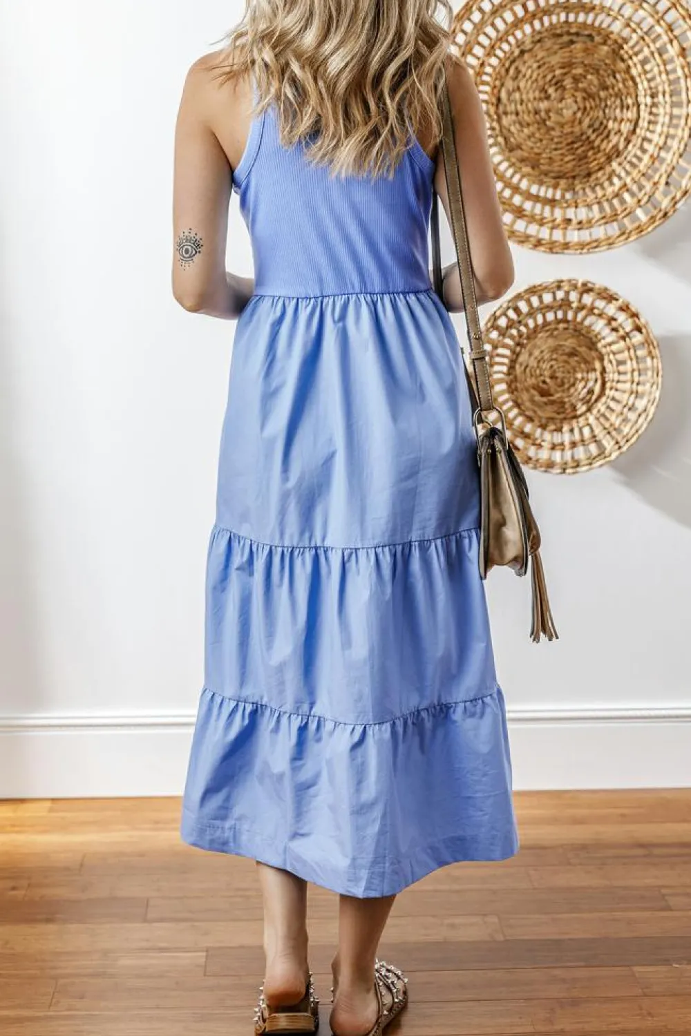 Clearance Dear-Lover Ribbed Vest Patchwork Tiered Midi Dress with Pockets Myosotis