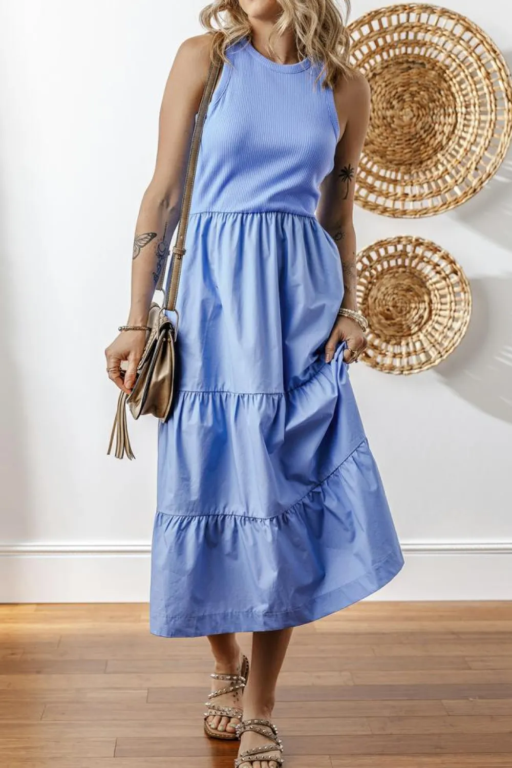 Clearance Dear-Lover Ribbed Vest Patchwork Tiered Midi Dress with Pockets Myosotis