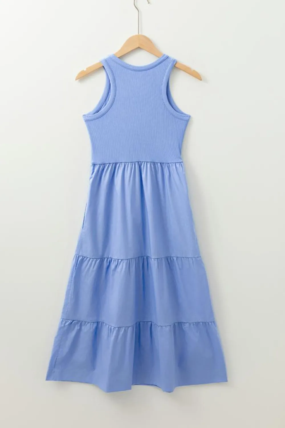 Clearance Dear-Lover Ribbed Vest Patchwork Tiered Midi Dress with Pockets Myosotis
