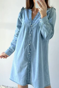 Sale Dear-Lover Ruffled V Neck Buttoned Shift Denim Dress Myosotis