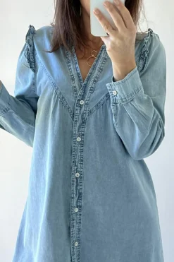 Sale Dear-Lover Ruffled V Neck Buttoned Shift Denim Dress Myosotis