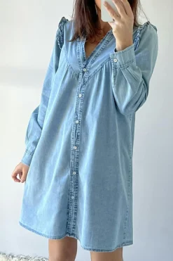 Sale Dear-Lover Ruffled V Neck Buttoned Shift Denim Dress Myosotis