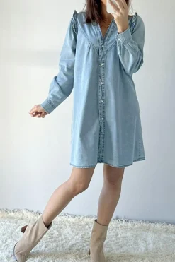 Sale Dear-Lover Ruffled V Neck Buttoned Shift Denim Dress Myosotis
