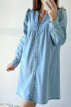 Sale Dear-Lover Ruffled V Neck Buttoned Shift Denim Dress Myosotis