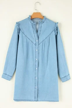 Sale Dear-Lover Ruffled V Neck Buttoned Shift Denim Dress Myosotis