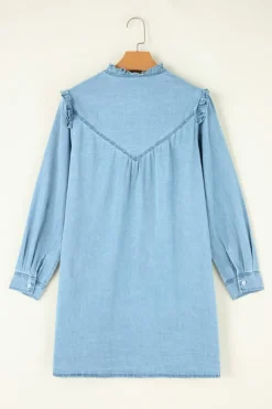Sale Dear-Lover Ruffled V Neck Buttoned Shift Denim Dress Myosotis
