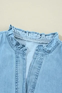 Sale Dear-Lover Ruffled V Neck Buttoned Shift Denim Dress Myosotis