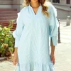 Clearance Dear-Lover Seersucker Ruffled Puff Sleeve Stand Neck Mini Dress Myosotis