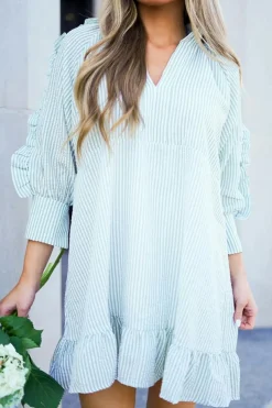 Clearance Dear-Lover Seersucker Ruffled Puff Sleeve Stand Neck Mini Dress Myosotis