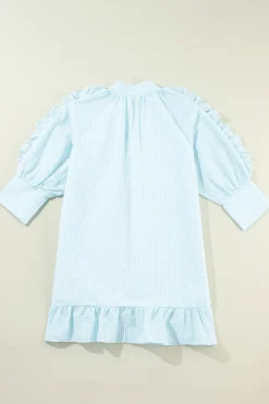 Clearance Dear-Lover Seersucker Ruffled Puff Sleeve Stand Neck Mini Dress Myosotis