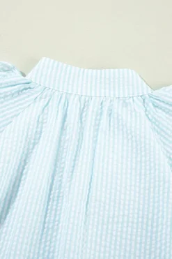 Clearance Dear-Lover Seersucker Ruffled Puff Sleeve Stand Neck Mini Dress Myosotis