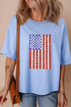 Sale Dear-Lover Sequined American Flag Dropped Shoulder T Shirt Myosotis
