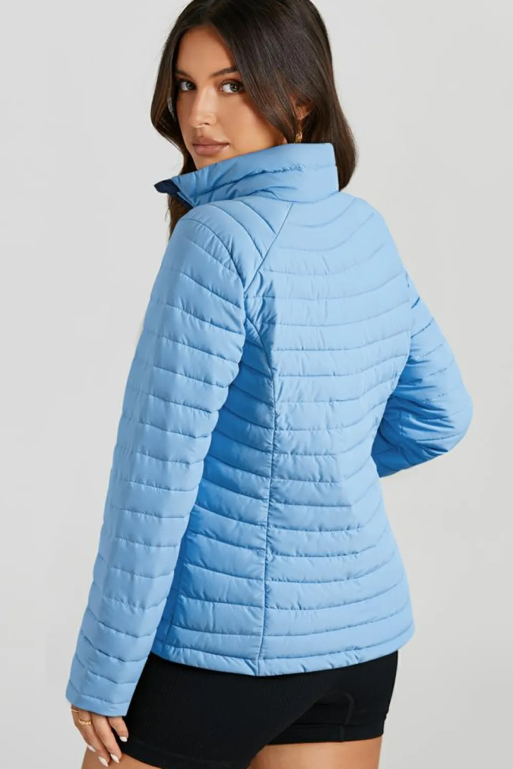 Online Dear-Lover Solid Color Quilted Zip-up Puffer Jacket Myosotis