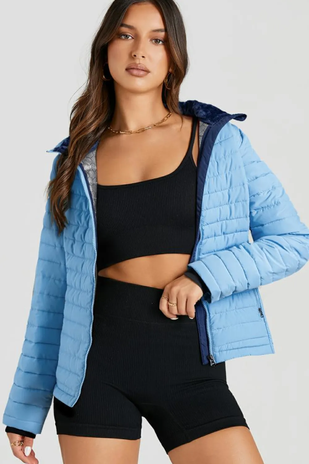 Online Dear-Lover Solid Color Quilted Zip-up Puffer Jacket Myosotis