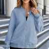 Fashion Dear-Lover Solid Textured Stand Neck Zipper Bomber Jacket Myosotis