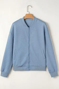 Fashion Dear-Lover Solid Textured Stand Neck Zipper Bomber Jacket Myosotis