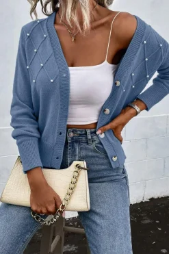 Discount Dear-Lover Textured Knit Pearl Beaded Button Up Cardigan Myosotis