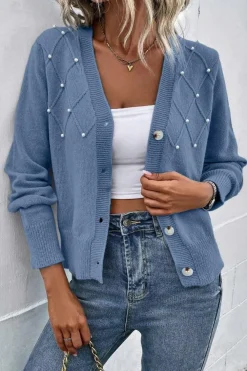 Discount Dear-Lover Textured Knit Pearl Beaded Button Up Cardigan Myosotis