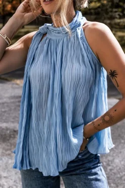 Best Dear-Lover Textured Pleated Tied Mock Neck  Flowy Tank Top Myosotis