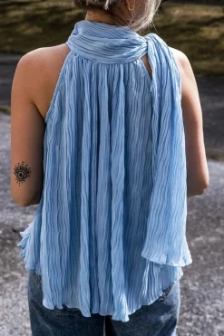 Best Dear-Lover Textured Pleated Tied Mock Neck  Flowy Tank Top Myosotis