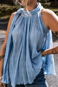 Best Dear-Lover Textured Pleated Tied Mock Neck  Flowy Tank Top Myosotis