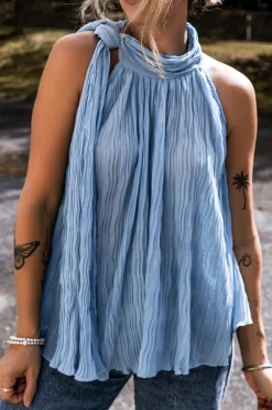 Best Dear-Lover Textured Pleated Tied Mock Neck  Flowy Tank Top Myosotis