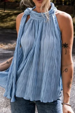 Best Dear-Lover Textured Pleated Tied Mock Neck  Flowy Tank Top Myosotis