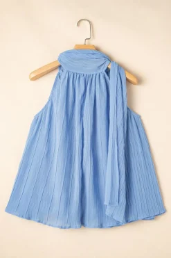 Best Dear-Lover Textured Pleated Tied Mock Neck  Flowy Tank Top Myosotis