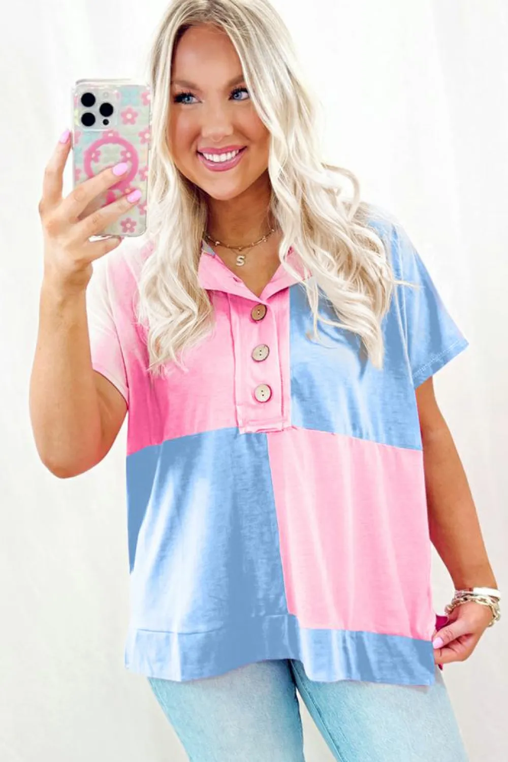 Hot Dear-Lover Two Tone Half Buttons Collared T Shirt Myosotis