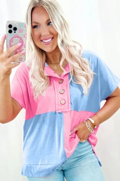 Hot Dear-Lover Two Tone Half Buttons Collared T Shirt Myosotis