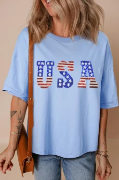 Fashion Dear-Lover USA Patched Drop Sleeve Crewneck T Shirt Myosotis