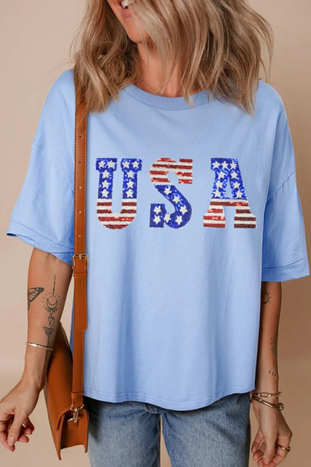 Fashion Dear-Lover USA Patched Drop Sleeve Crewneck T Shirt Myosotis