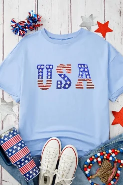 Fashion Dear-Lover USA Patched Drop Sleeve Crewneck T Shirt Myosotis