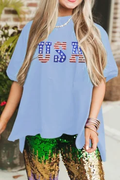 Fashion Dear-Lover USA Patched Drop Sleeve Crewneck T Shirt Myosotis