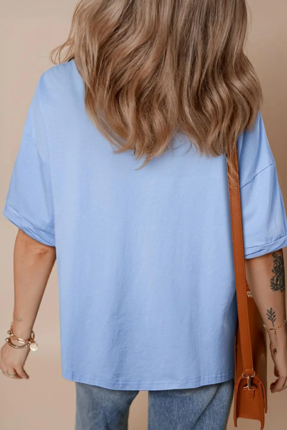 Fashion Dear-Lover USA Patched Drop Sleeve Crewneck T Shirt Myosotis