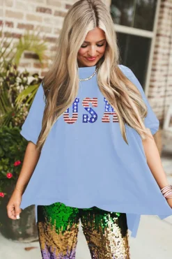 Fashion Dear-Lover USA Patched Drop Sleeve Crewneck T Shirt Myosotis