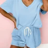 Fashion Dear-Lover V Neck Drop Shoulder Tee and Patchwork Drawstring Shorts Set Myosotis