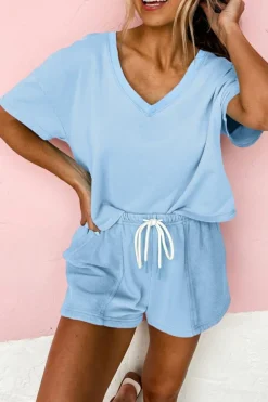 Fashion Dear-Lover V Neck Drop Shoulder Tee and Patchwork Drawstring Shorts Set Myosotis