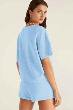 Fashion Dear-Lover V Neck Drop Shoulder Tee and Patchwork Drawstring Shorts Set Myosotis