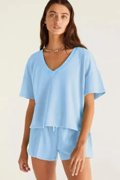 Fashion Dear-Lover V Neck Drop Shoulder Tee and Patchwork Drawstring Shorts Set Myosotis