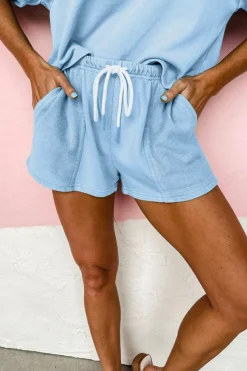 Fashion Dear-Lover V Neck Drop Shoulder Tee and Patchwork Drawstring Shorts Set Myosotis