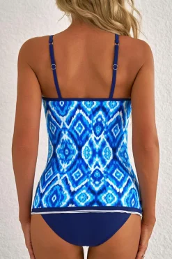Sale Dear-Lover Abstract Print Frilled Trim Spaghetti Straps Tankini Set Navy Blue