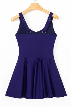 Discount Dear-Lover Adjustable Straps Cutout Ruched Knot Slit One Piece Swim Dress Navy Blue