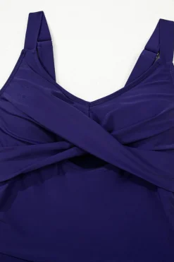 Discount Dear-Lover Adjustable Straps Cutout Ruched Knot Slit One Piece Swim Dress Navy Blue