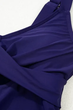 Discount Dear-Lover Adjustable Straps Cutout Ruched Knot Slit One Piece Swim Dress Navy Blue