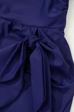Discount Dear-Lover Adjustable Straps Cutout Ruched Knot Slit One Piece Swim Dress Navy Blue