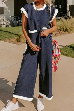 Clearance Dear-Lover Color Block Pocketed T Shirt and Wide Leg Pants Set Navy Blue